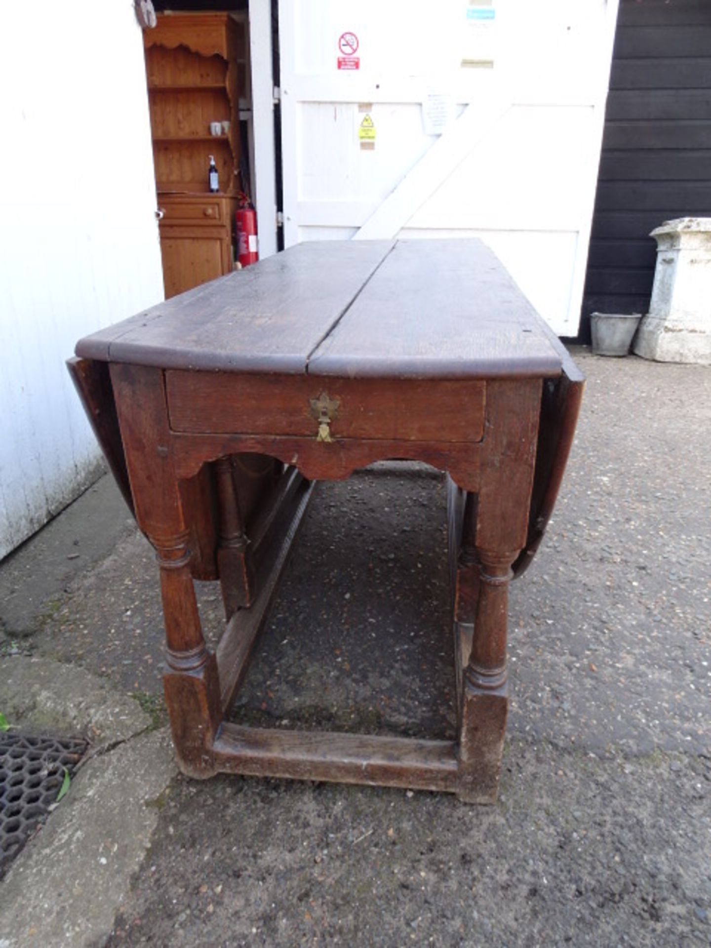 Large antique oak drop leaf dining table with drawer each end - Image 3 of 8