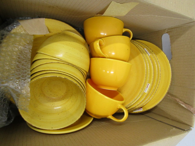 Yellow china part dinner set and coffee mugs