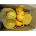 Yellow china part dinner set and coffee mugs