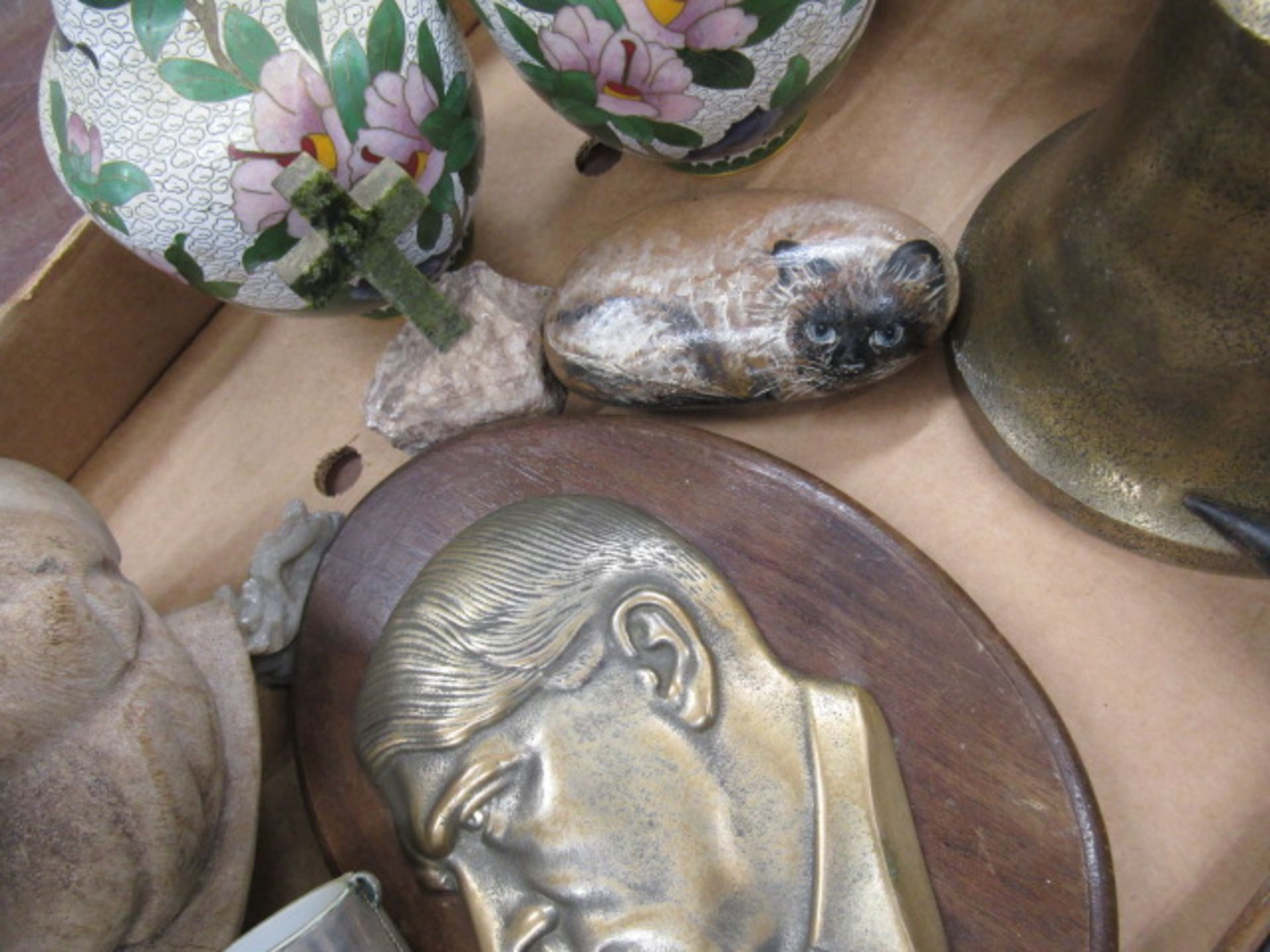 A treen bust and various collectables inc hand bell, cloisonne style vases, stone duck and brass - Image 3 of 6