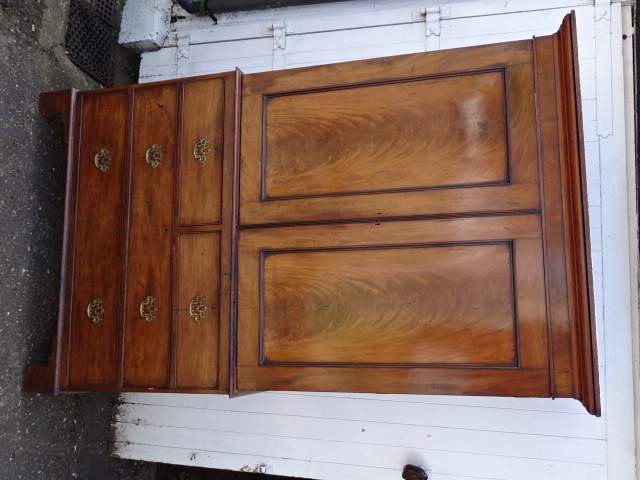 Mahogany linen press/cupboard with ornate brass handles 122cmW 208cmH 50cmD no key