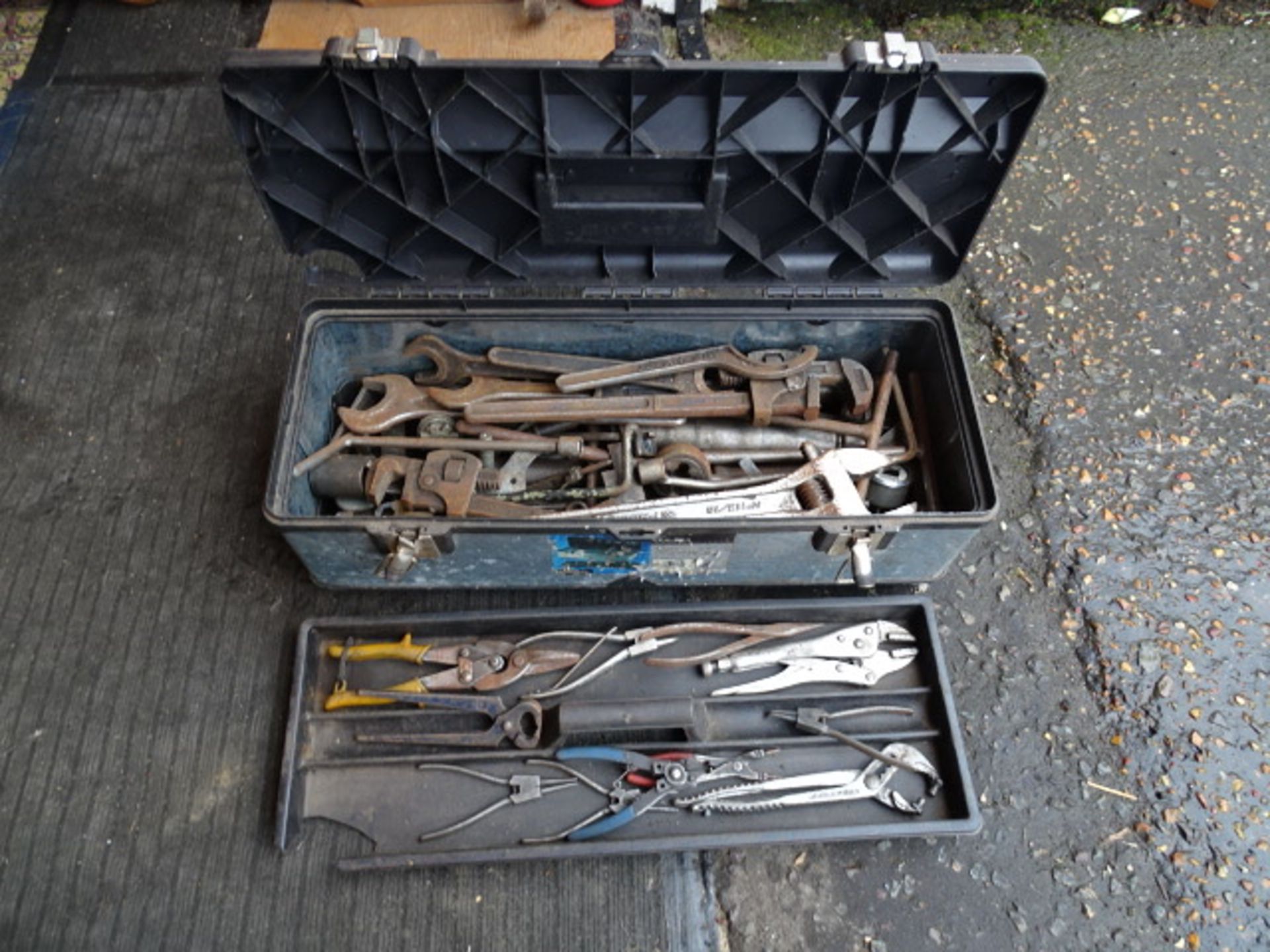 Toolbox full of tools to include spanners, adjustable wrenches and pliers etc