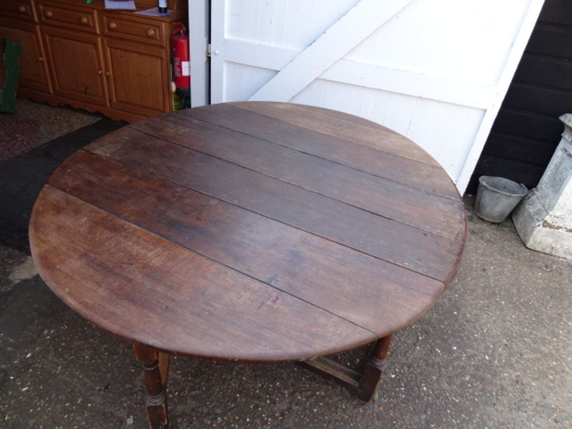 Large antique oak drop leaf dining table with drawer each end - Image 8 of 8