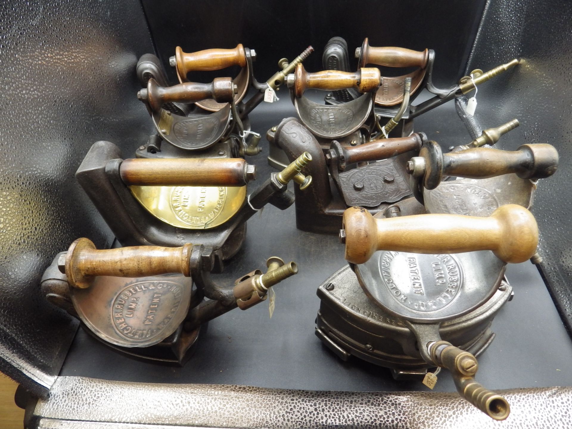 9 assorted Fletcher Russell & Co Ltd Warrington, Manchester & London gas irons some with with