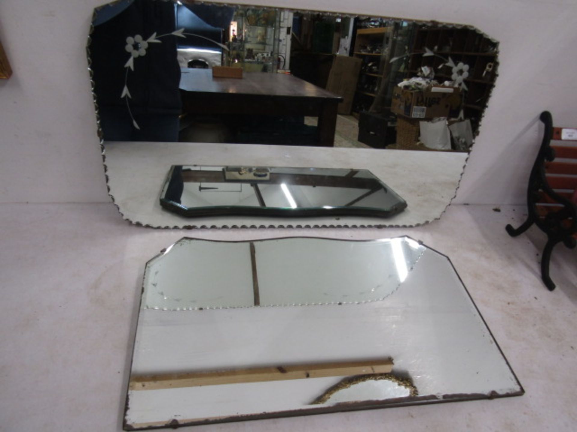 2 vintage mirrors one with etching and bevelled edge