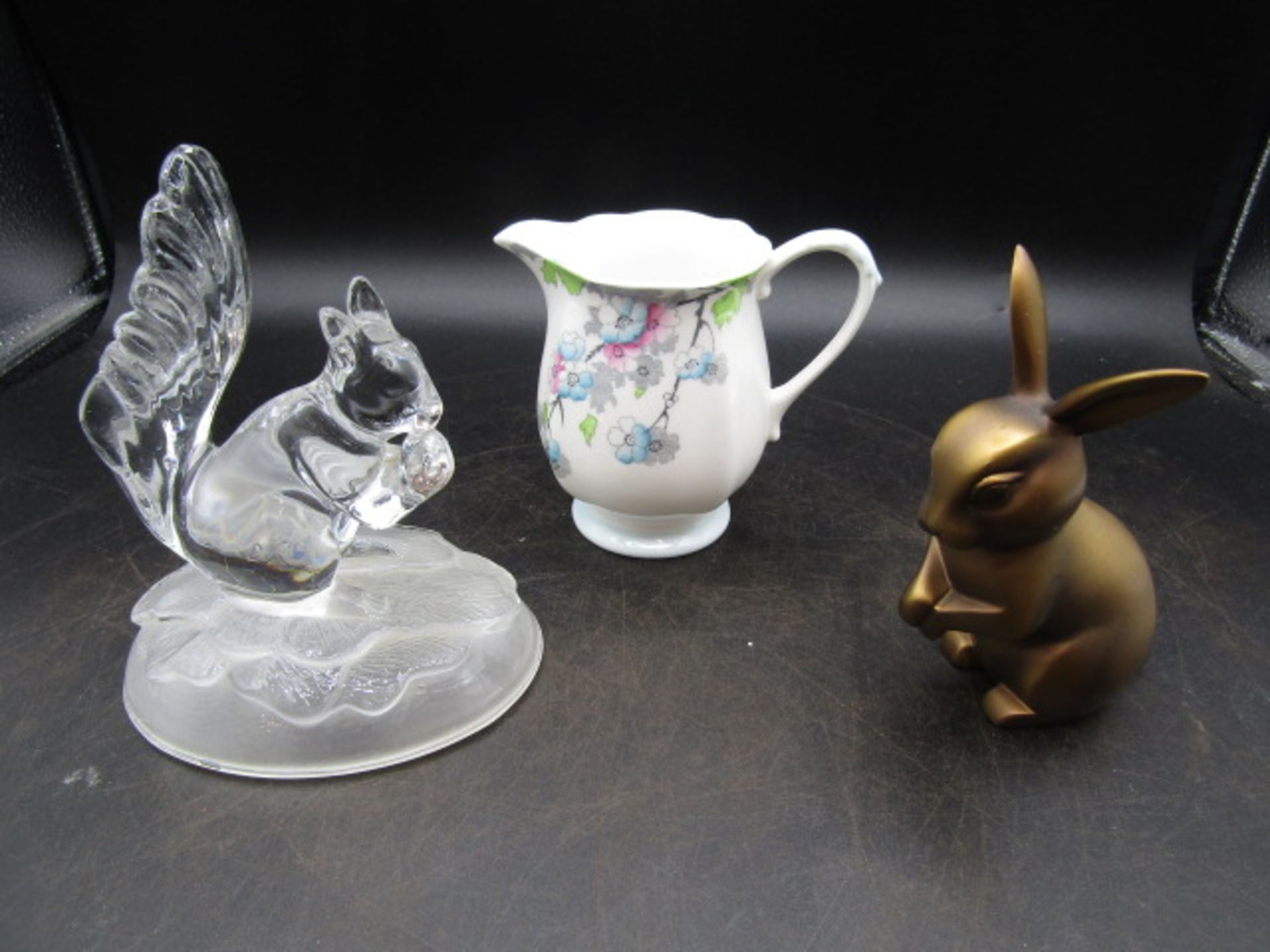 Coalport bunny, glass squirrel and a jug
