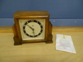 Art Deco Elco Synchronous oak cased electric mantel clock with instructions