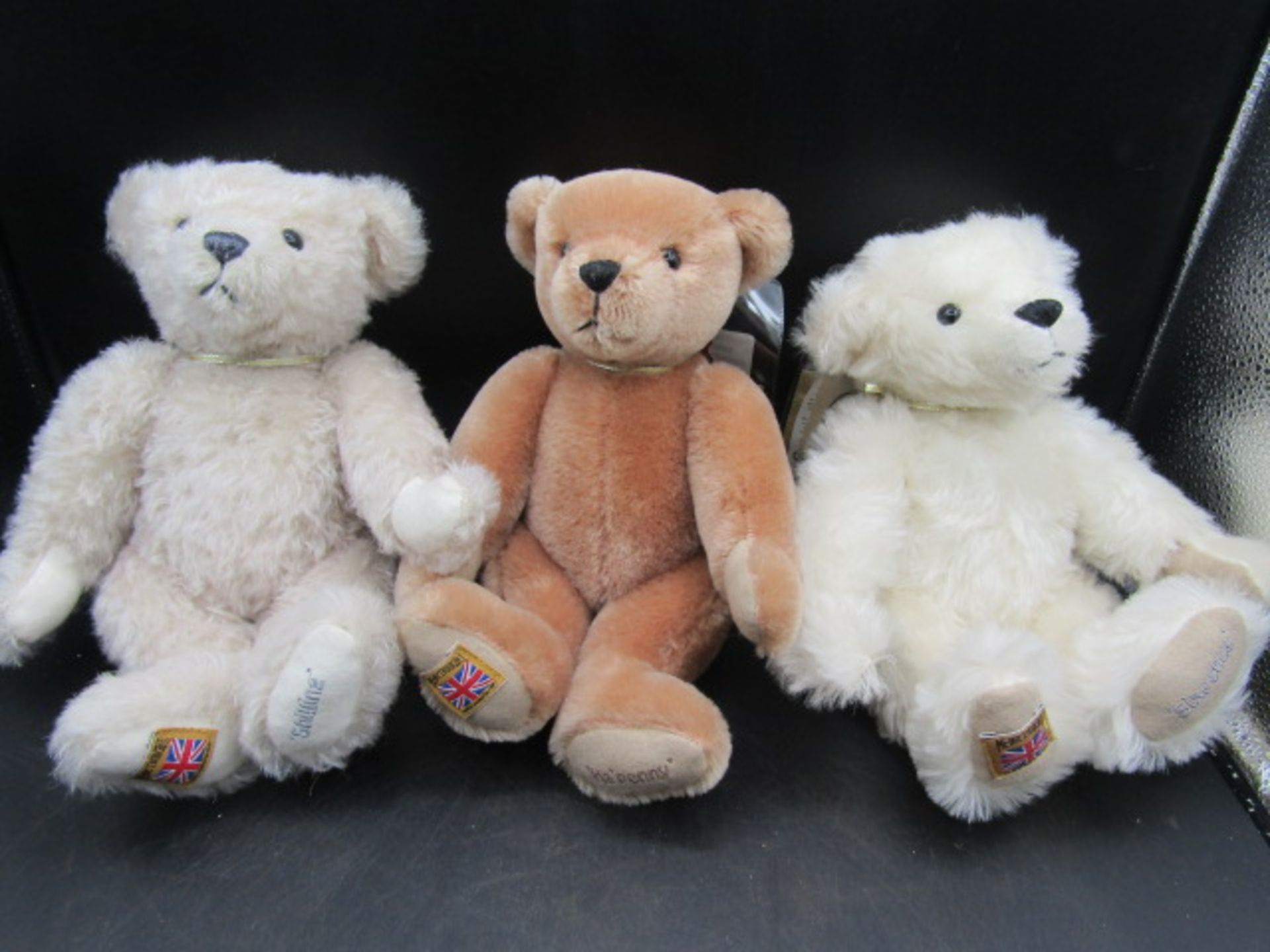 Merrythought ltd edition bears each with a coin around their neck- Ha'penny, Shilling and Sixpence