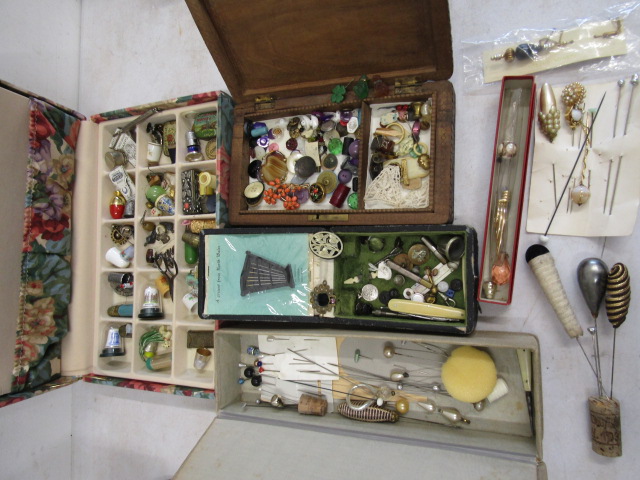 vintage sewing boxes with contents inc hatpins and small jade? dog