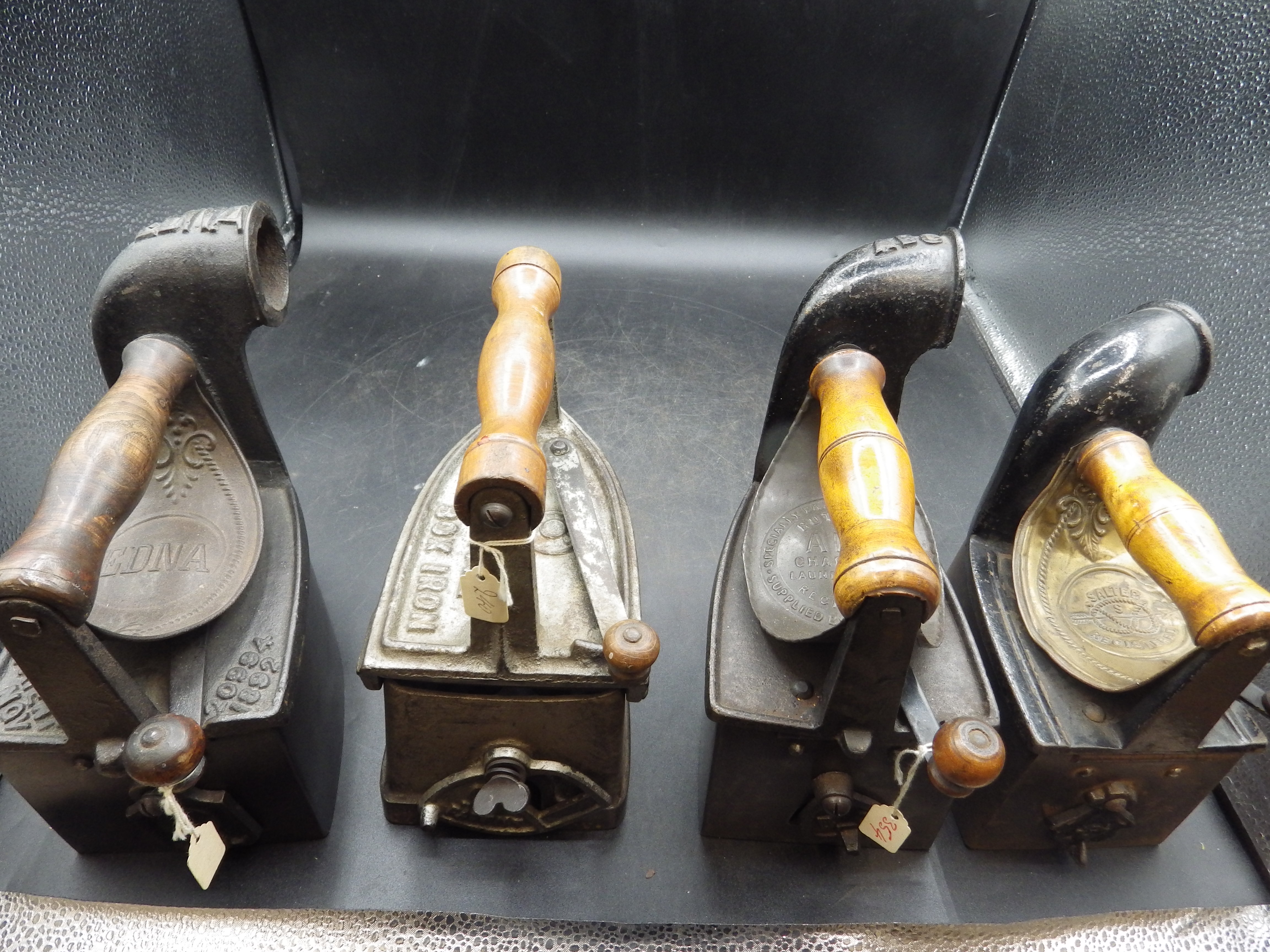 4 charcoal box irons with heat shields to incl Edna, Butlers ABC laundry iron, Salter and an - Image 6 of 6