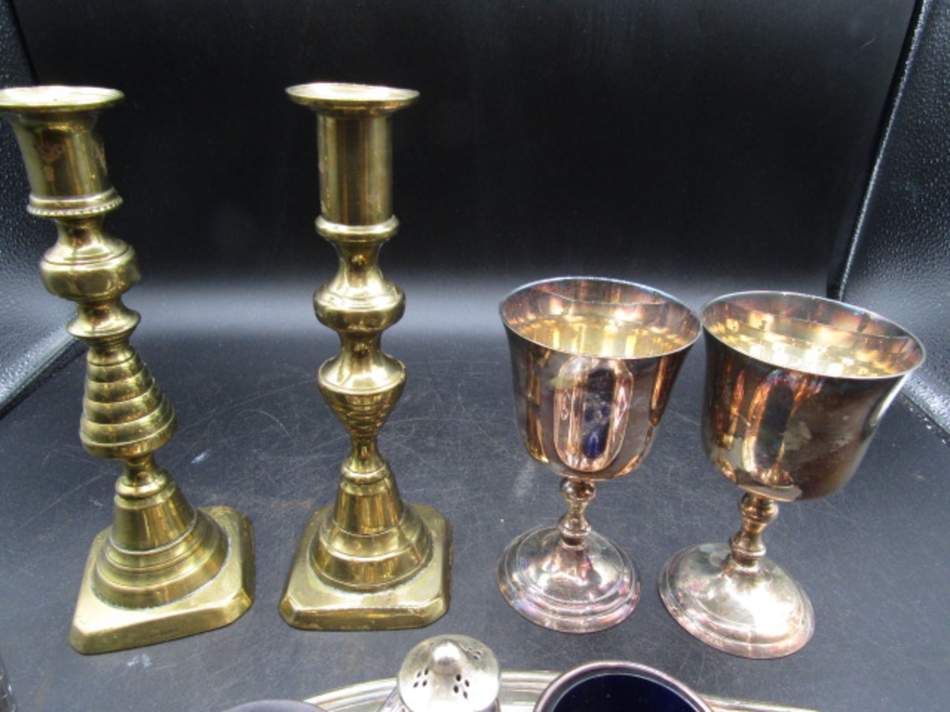 Metal cruet set, brass candlesticks, goblets and a vintage Kodak camera - Image 3 of 3