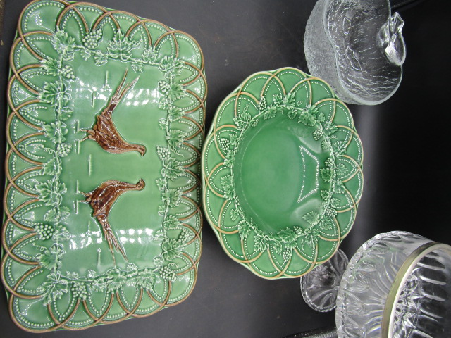 Portuguese pheasant platter and bowl decorated with vines along with 2 glass dishes