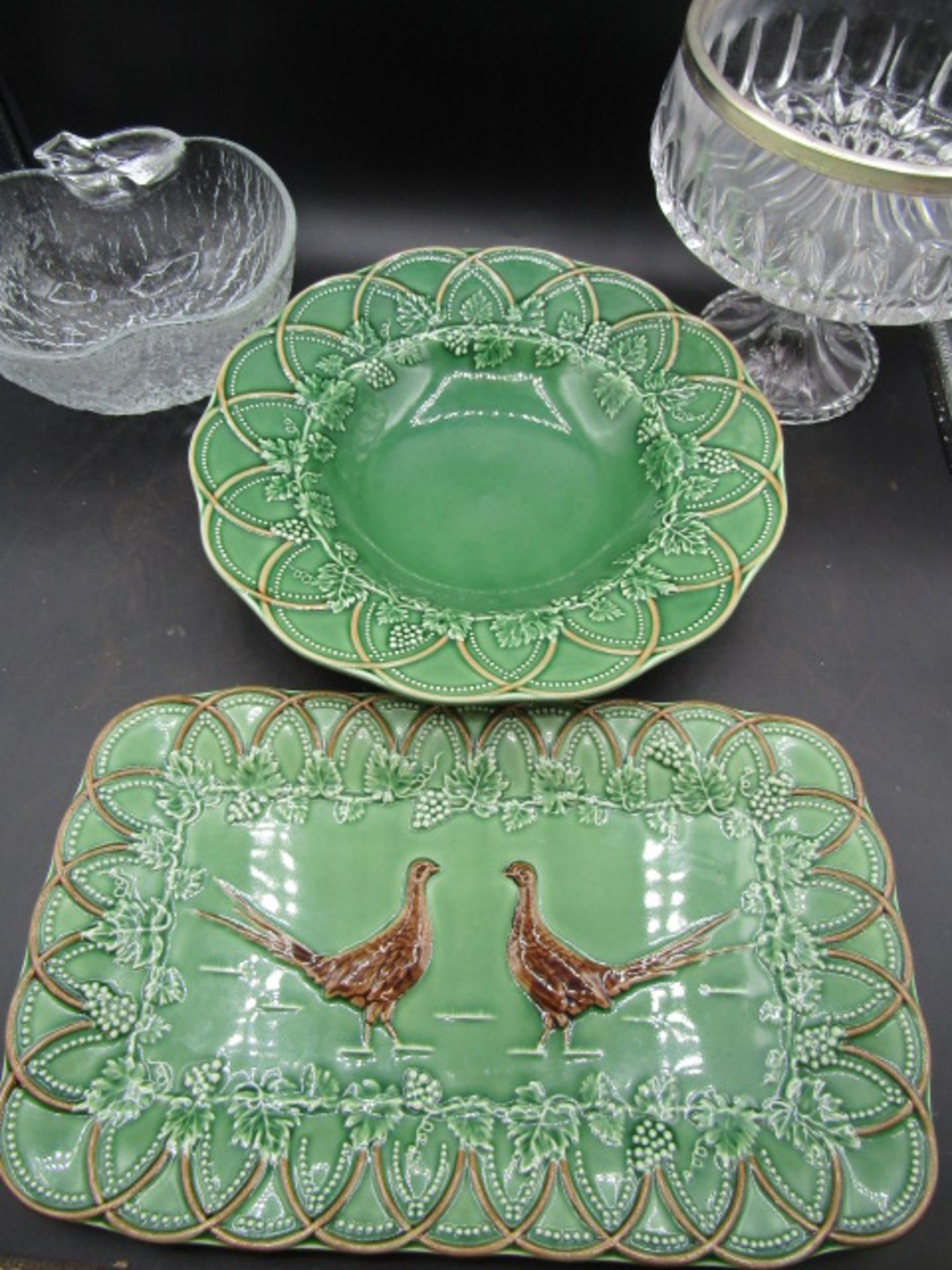 Portuguese pheasant platter and bowl decorated with vines along with 2 glass dishes
