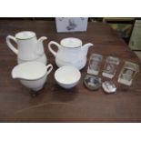 Wedgwood Insignis coffee pot, teapot, jug and bowl plus 4 glass paperweights
