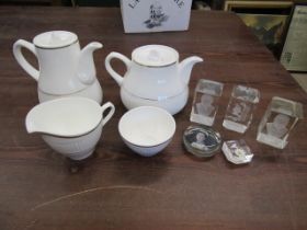 Wedgwood Insignis coffee pot, teapot, jug and bowl plus 4 glass paperweights