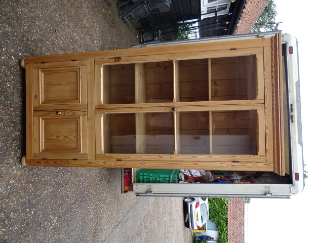 Handmade pine glazed bookcase with 2 door cupboard to base 92cmW 33cmD 206cmH