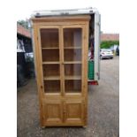 Handmade pine glazed bookcase with 2 door cupboard to base 92cmW 33cmD 206cmH