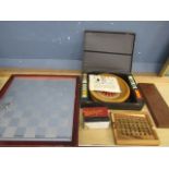 Games inc Roulette, solitaire, crobbage board, glass chess set etc