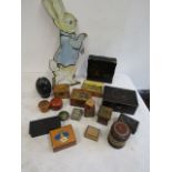 Collection of vintage boxes and sewing boxes plus a Peter Rabbit cut out