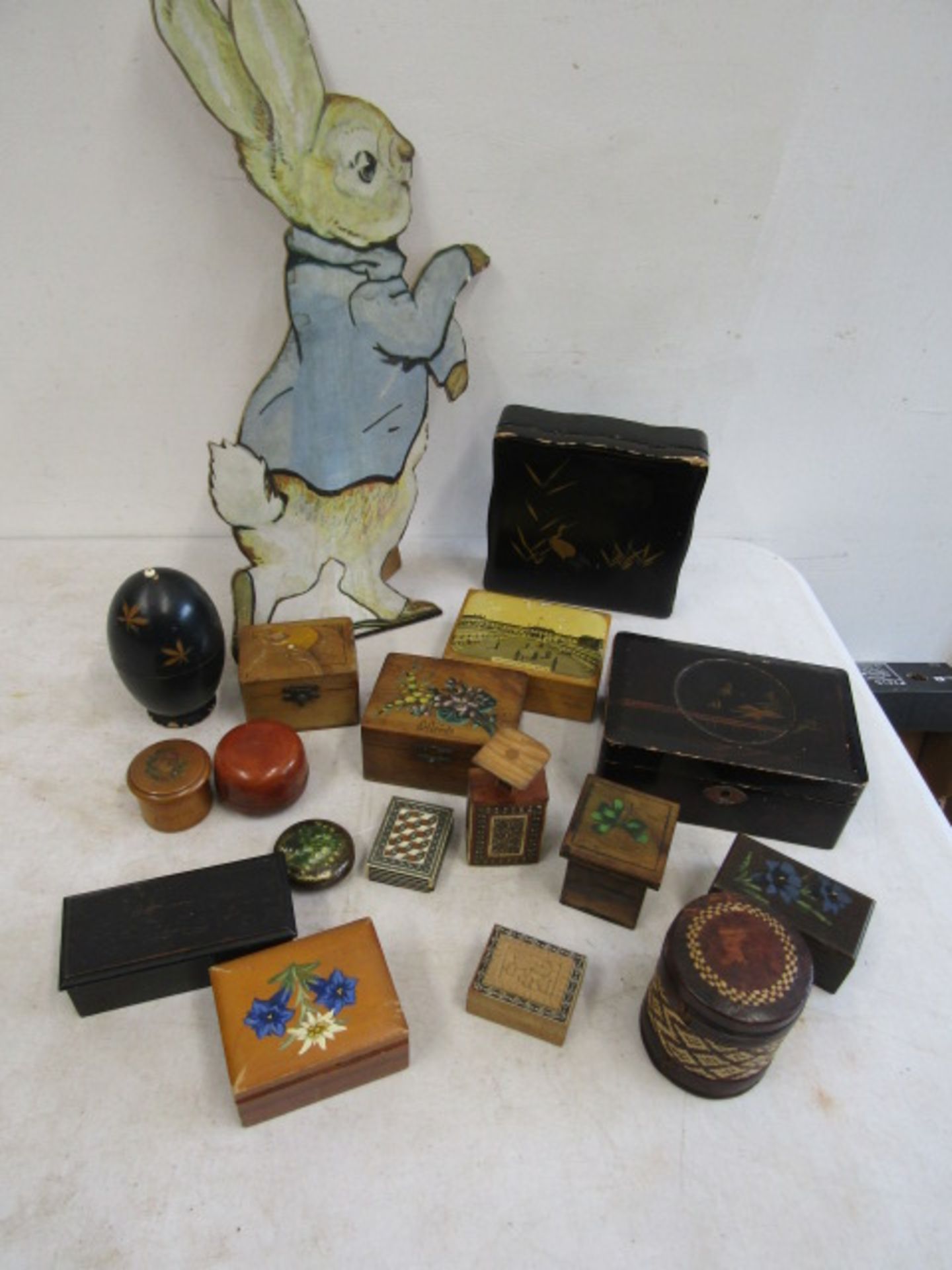 Collection of vintage boxes and sewing boxes plus a Peter Rabbit cut out