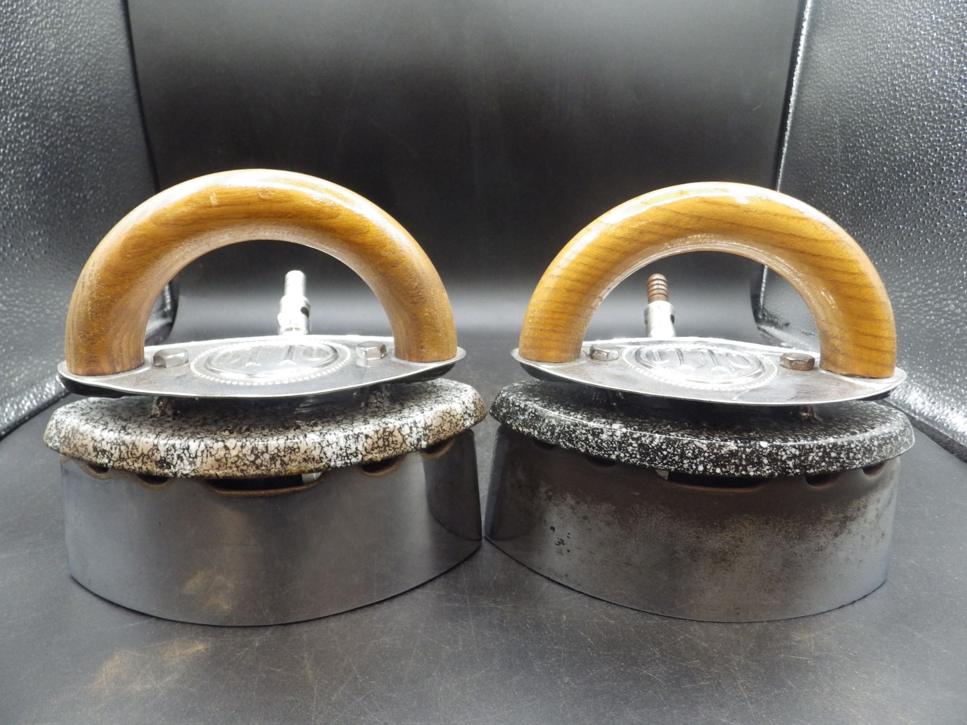 2 chrome? Otto gas irons with enamel tops and metal shields, both with wood handles - Image 4 of 4