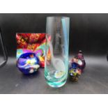 Caithness hand engraved vase by Joyce Grounds at Kings Lynn along with 4 pieces of art glass