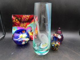 Caithness hand engraved vase by Joyce Grounds at Kings Lynn along with 4 pieces of art glass