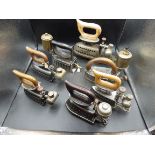 7 spirit heated irons etc to include Imperial Brass Co, Wama, Omega, The Monitor, Brilliant