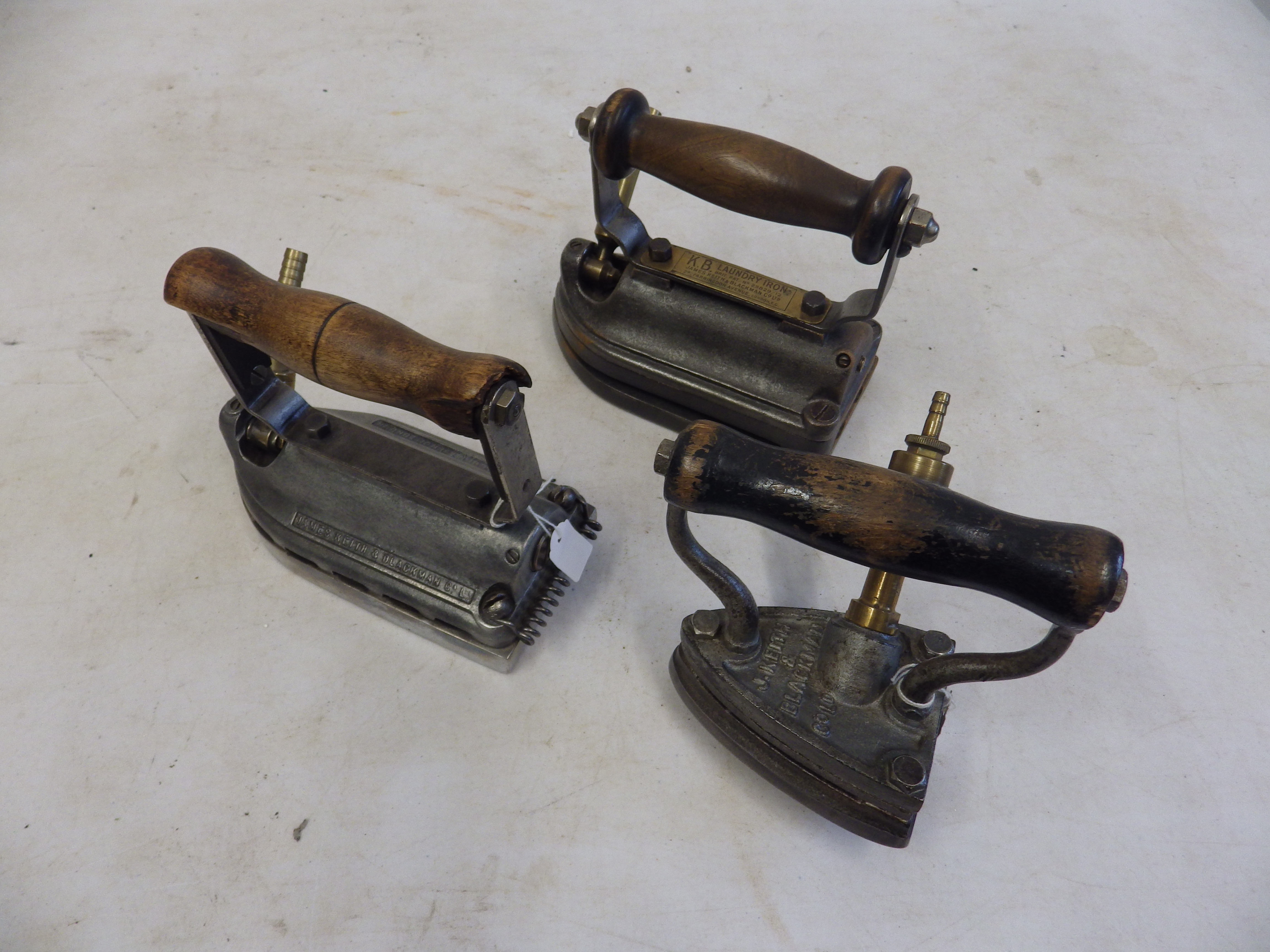 2 James Keith & Blackman gas irons to incl KB Laundry Iron patent 25829/12 plus a J Keith & Blackman