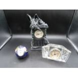 3 clocks- dragon clock, a semi-precious stone globe clock and a glass clock