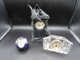 3 clocks- dragon clock, a semi-precious stone globe clock and a glass clock