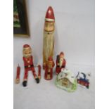 Wooden Santa's, and 2 ceramic houses
