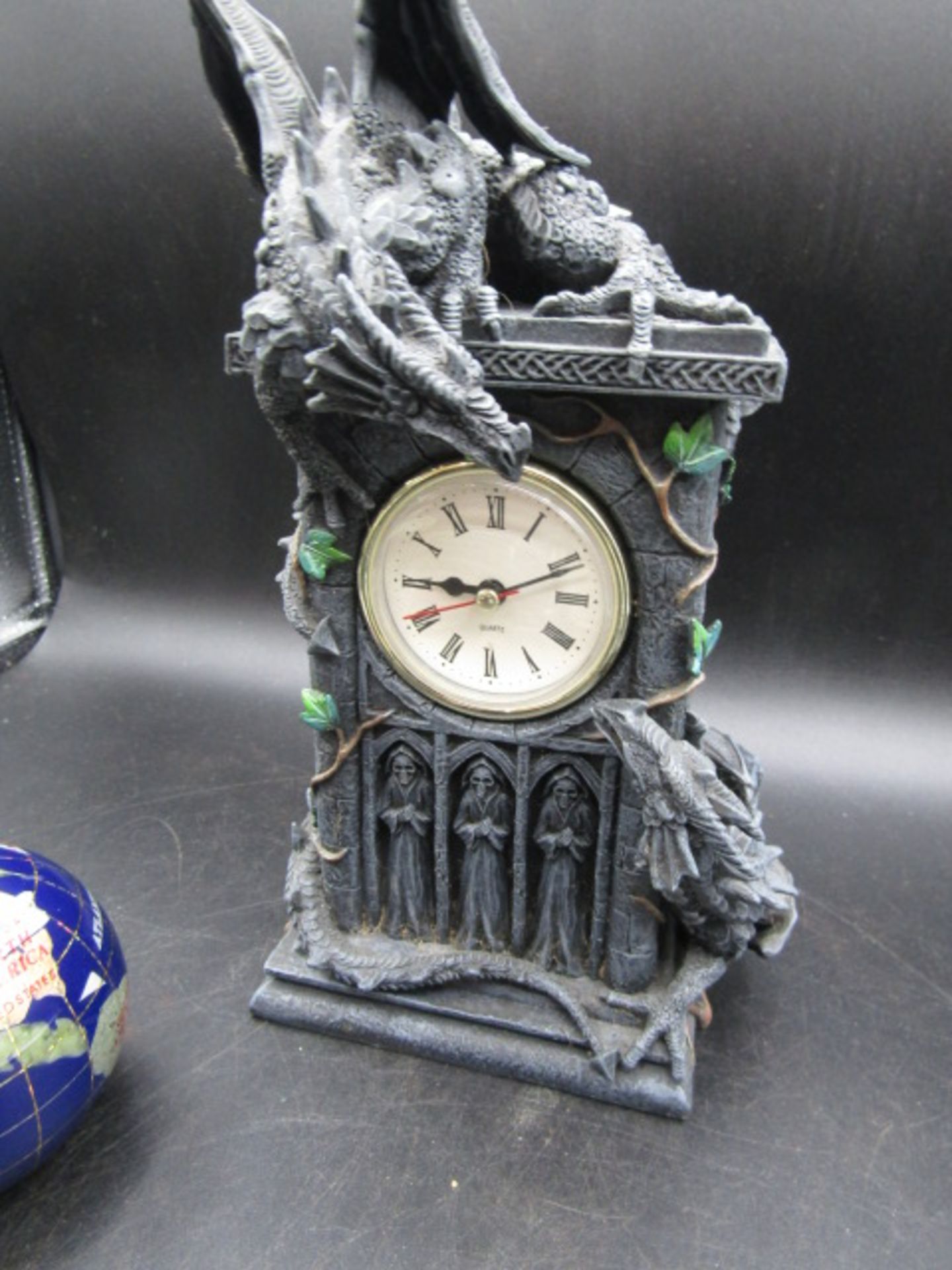 3 clocks- dragon clock, a semi-precious stone globe clock and a glass clock - Image 3 of 5