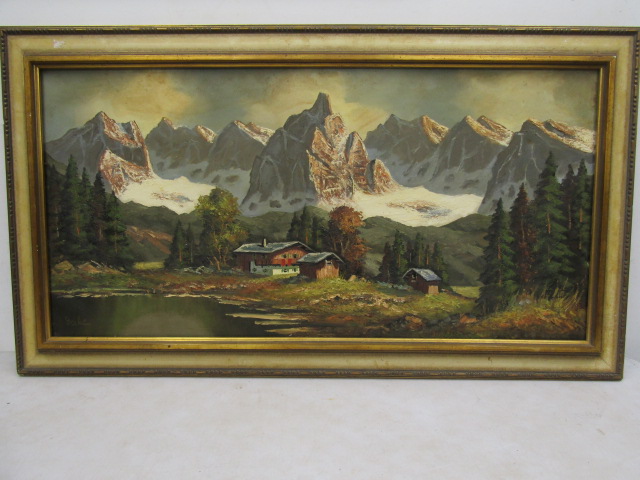 Alpine oil on board loose from frame 115x64cm