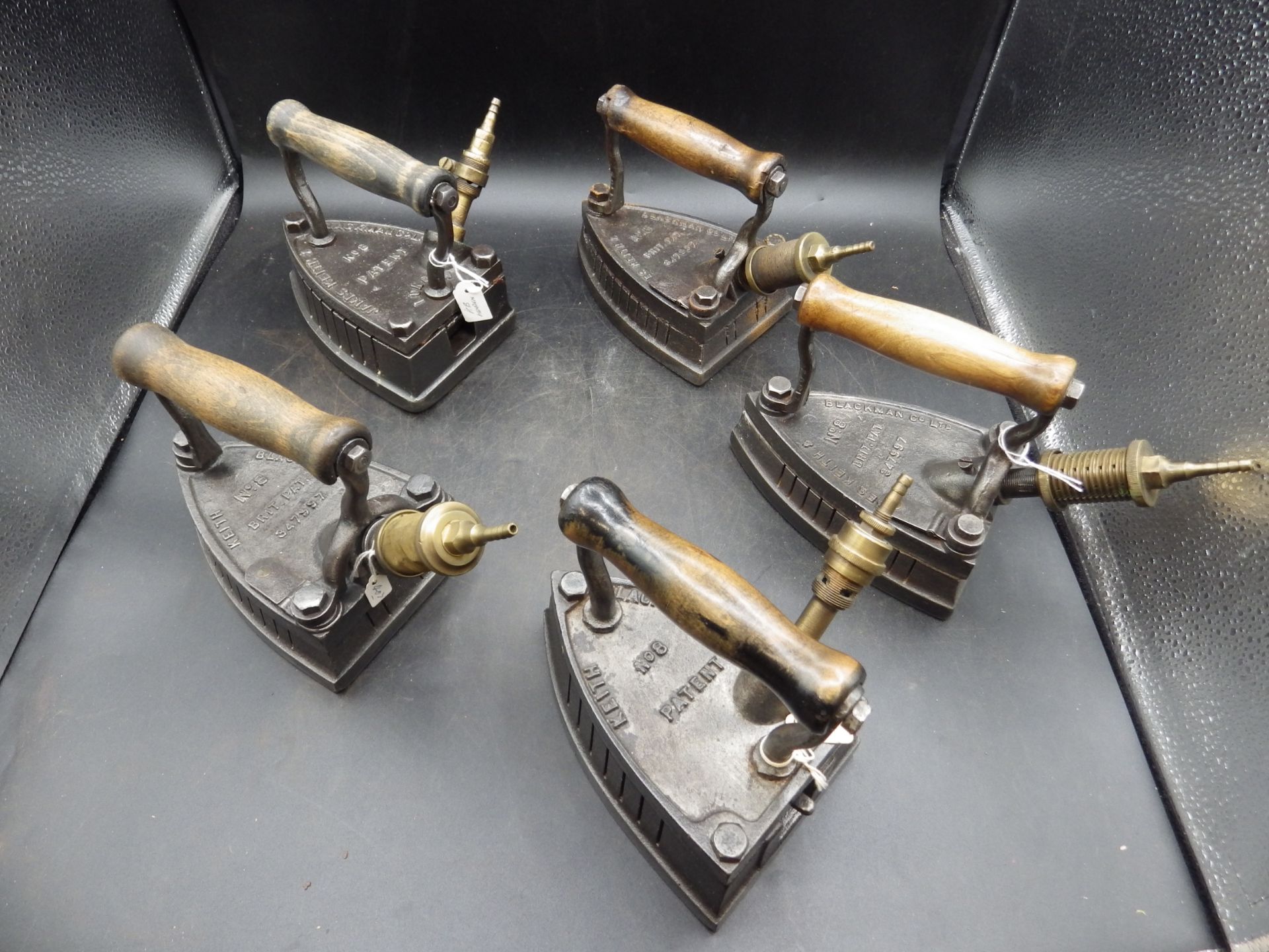 5 James Keith & Blackman Co Ltd No.8 gas irons to incl one marked London