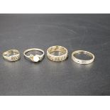 4, 9ct gold rings - smallest size H, band ring with CZ (one stone missing) size O, 'pearl' ring size