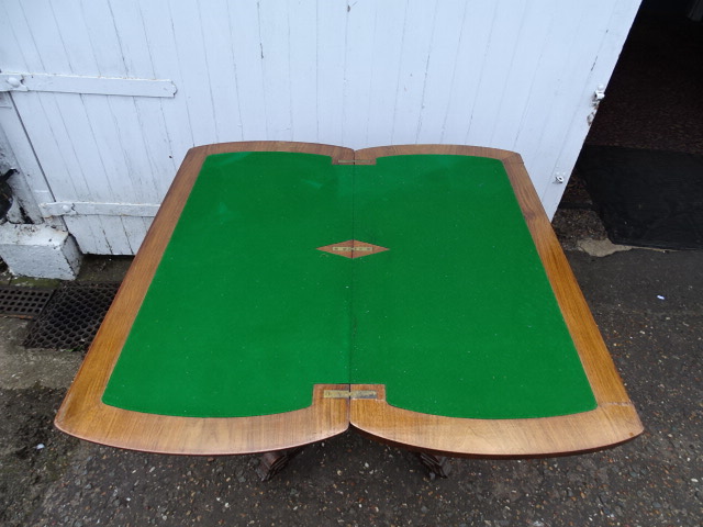 Fold out card/games table with ornate inlaid marquetry work to top H75cm Top 50cm x 101cm approx - Image 5 of 6