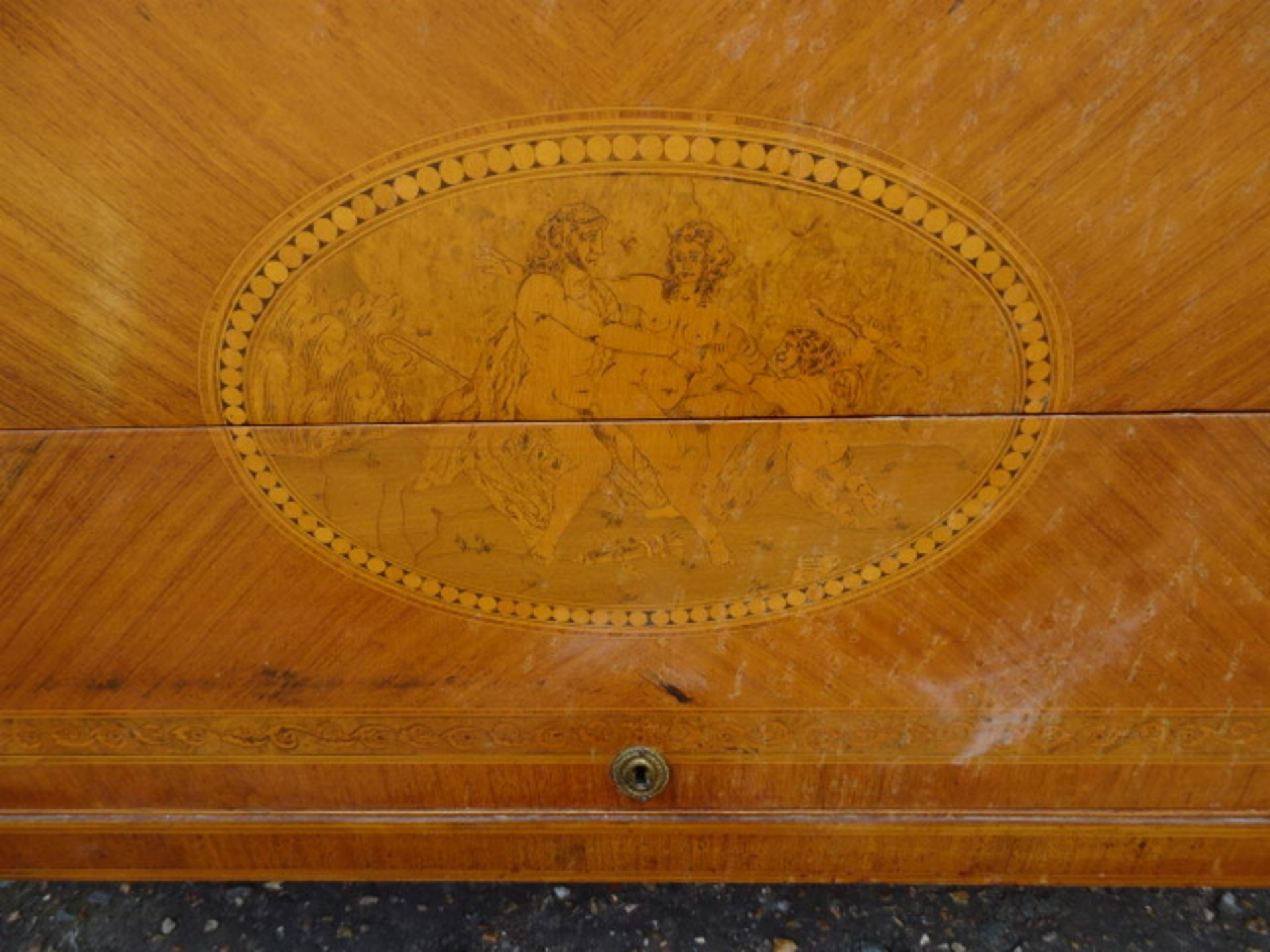 Italian inlaid walnut marquetry 3 drawer commode with keys H92cm W130cm D54cm approx - Image 5 of 7