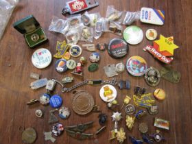 Various pin badges inc Silver Scouts badge, a medal, military badges etc