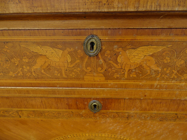 Italian inlaid walnut marquetry 3 drawer commode with keys H92cm W130cm D54cm approx - Image 7 of 7