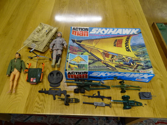 Vintage boxed Palitoy Action Man 'Skyhawk', G.I.JOE action figure and diecast cannons to include