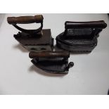 3 Charcoal box irons to incl Royles Patent Manchester fuel iron, Dalli made in germany etc