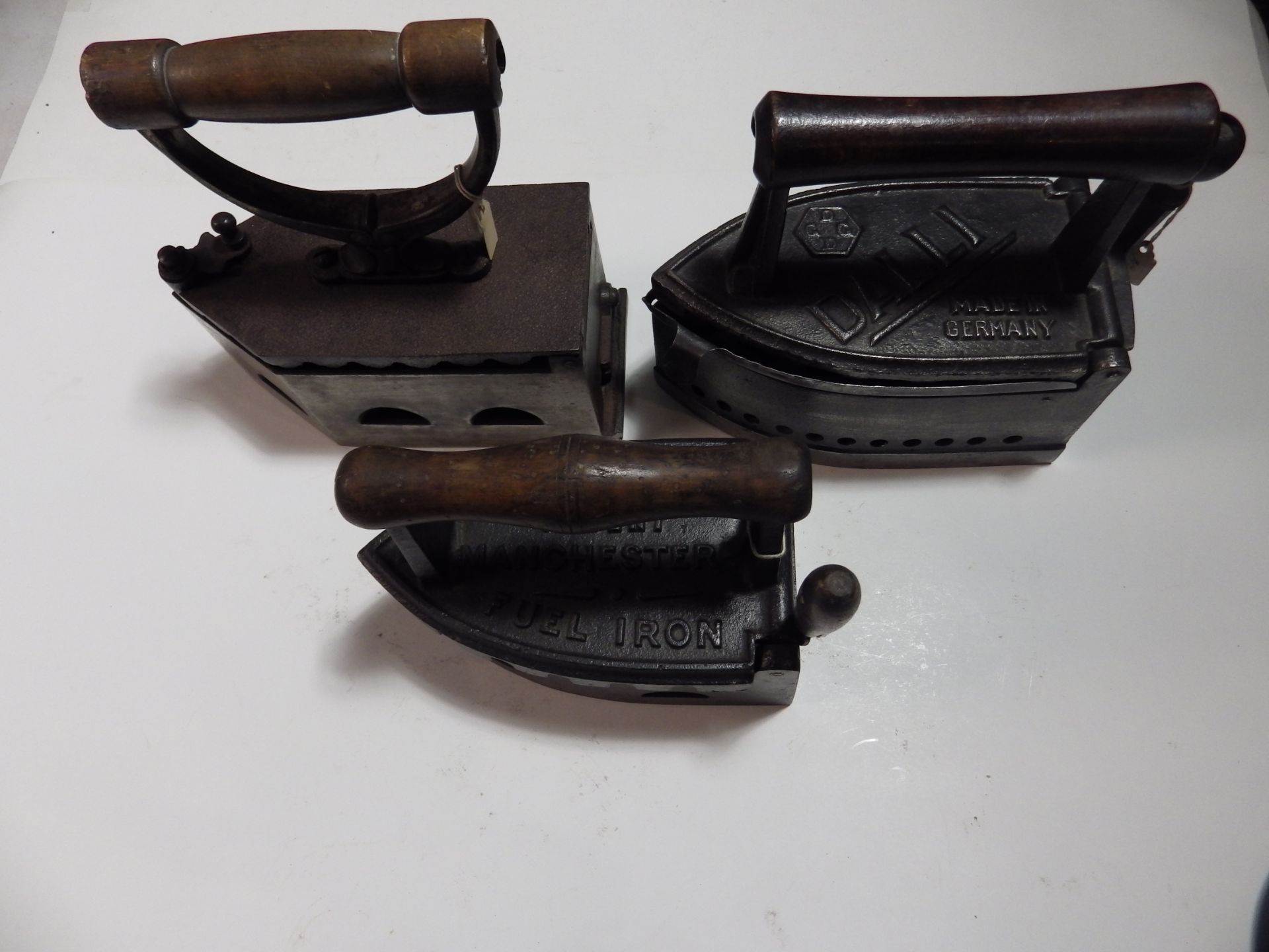 3 Charcoal box irons to incl Royles Patent Manchester fuel iron, Dalli made in germany etc