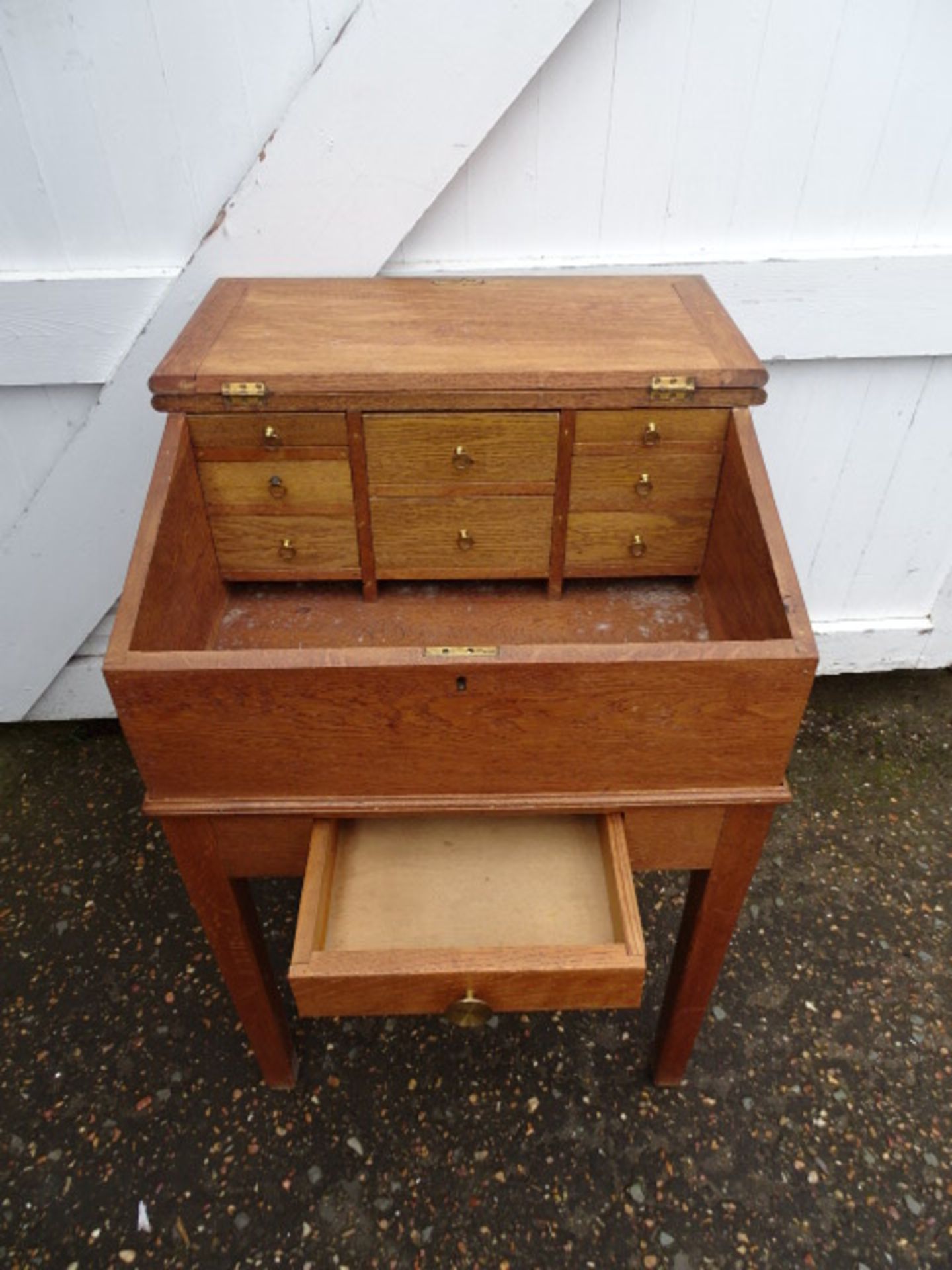 Antique oak lift top desk/bureau made in 1905 by Will Barrow of Southery, Norfolk H93cm W64cm - Image 3 of 5