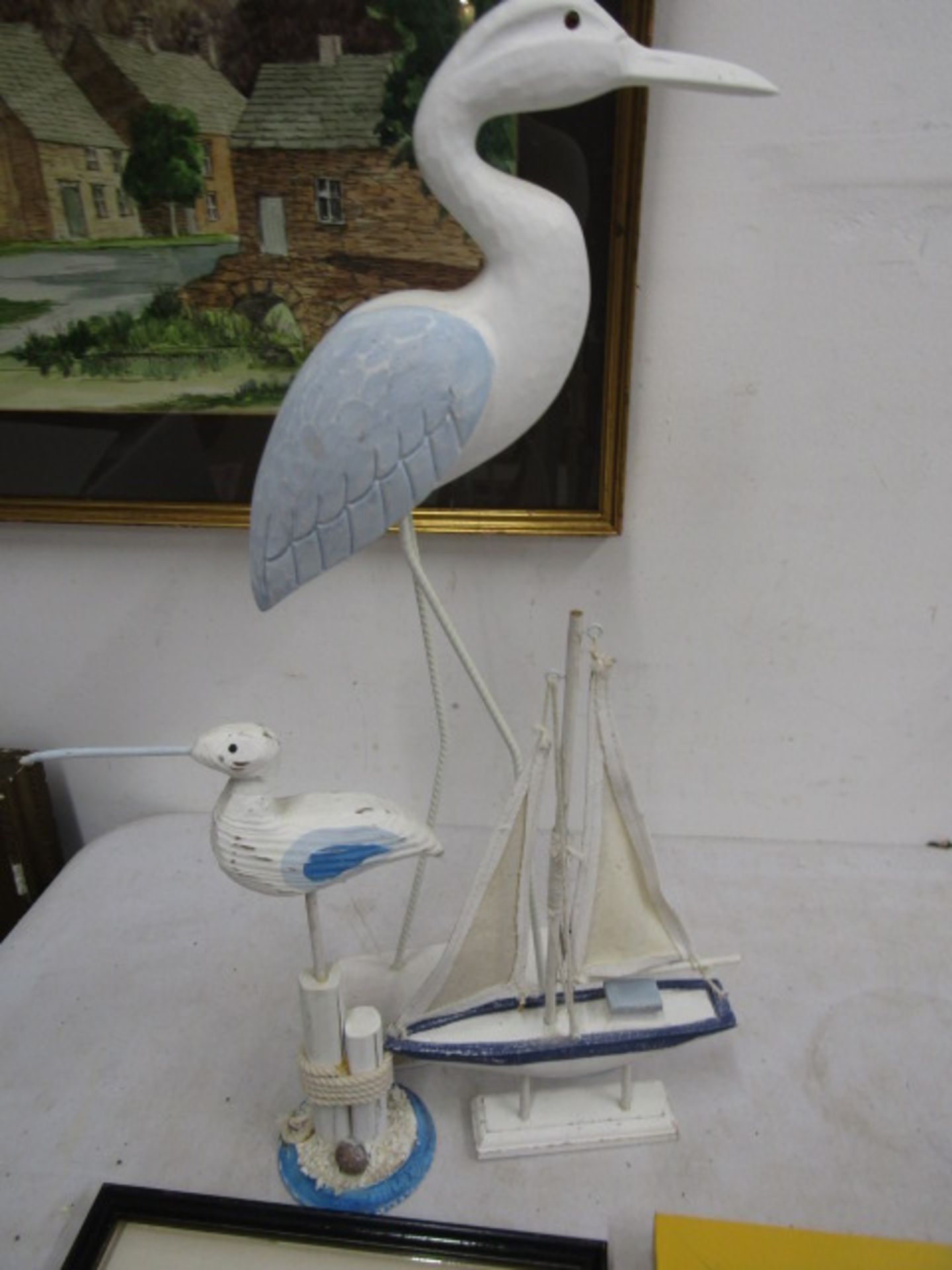 wooden sea birds and 3 beach related pictures - Image 2 of 5