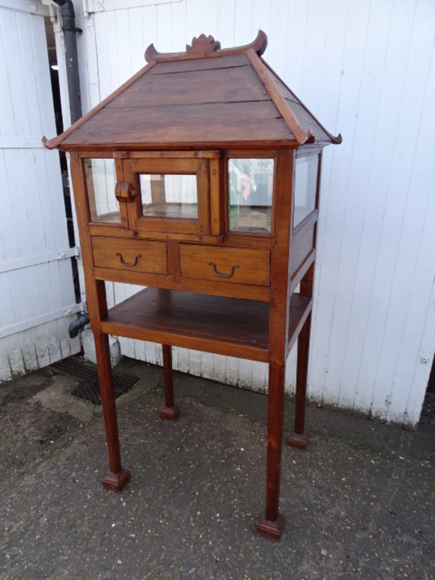 Hardwood Chinese birdcage style display cabinet on legs with 2 drawers and glazed door H190cm - Image 4 of 4