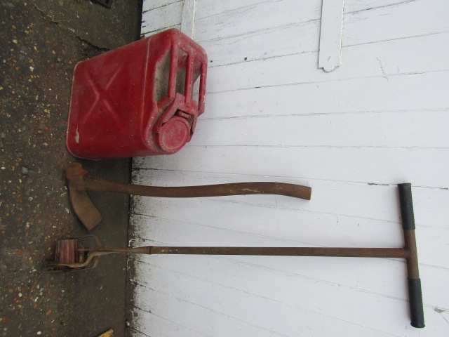 metal jerry can, lawn edger and axe