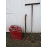 metal jerry can, lawn edger and axe