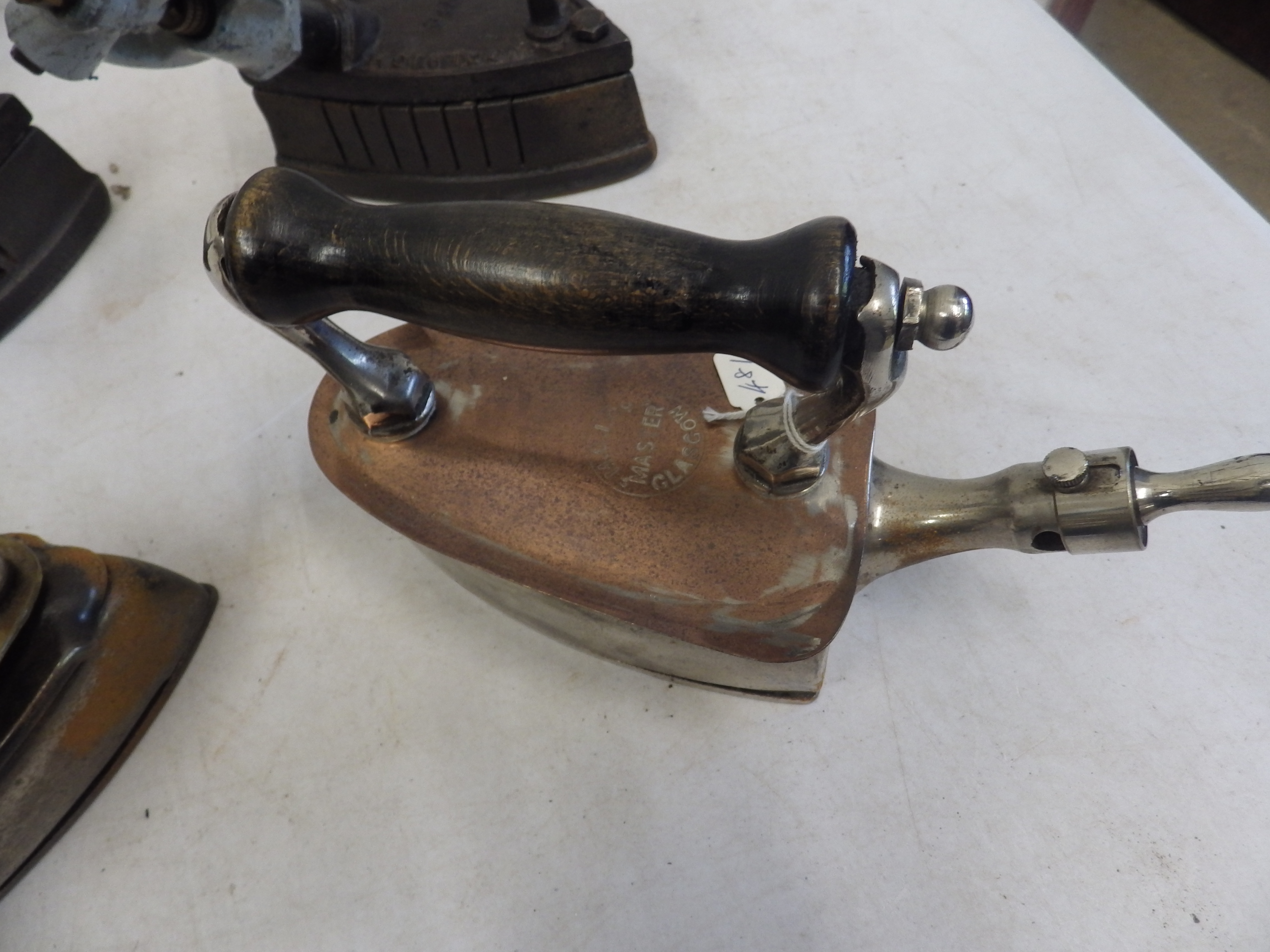 2 M G I Co Glasgow Master gas irons with copper/brass heat shields together with 2 Lister Bros No. - Image 5 of 6