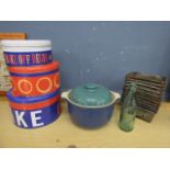 Macadams brass thermometer, Jamie Oliver cake tins, casserole pot, vintage bottle and cake tins